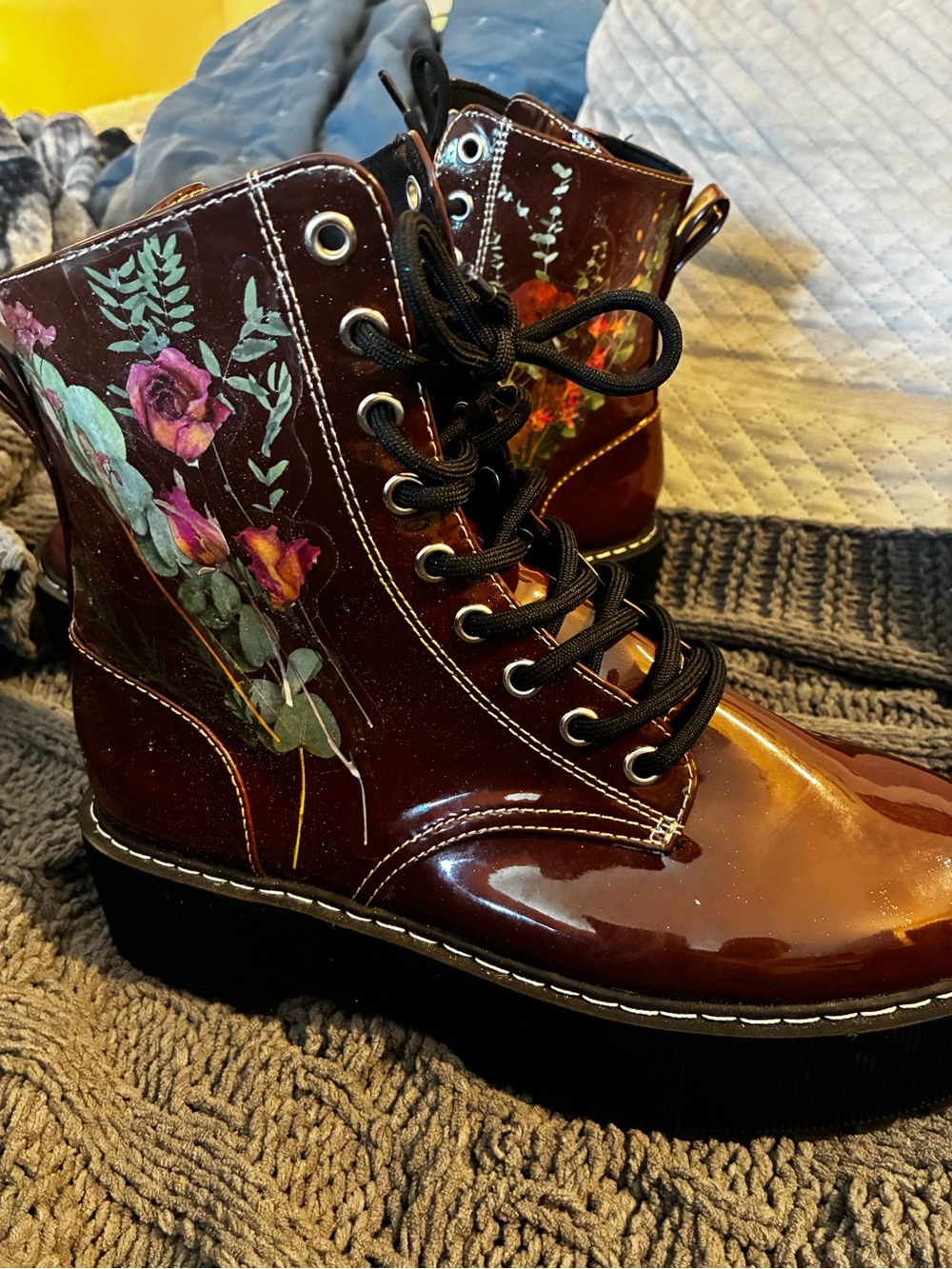 DIY Whimsical Cottage Core Glitter Floral Brown Wedge Combat Boots Unique - Picture 6 of 15